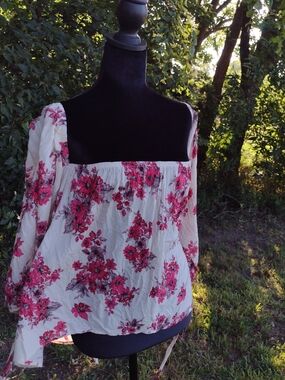 Together White Square-Neck Blouse with Pink Floral Print